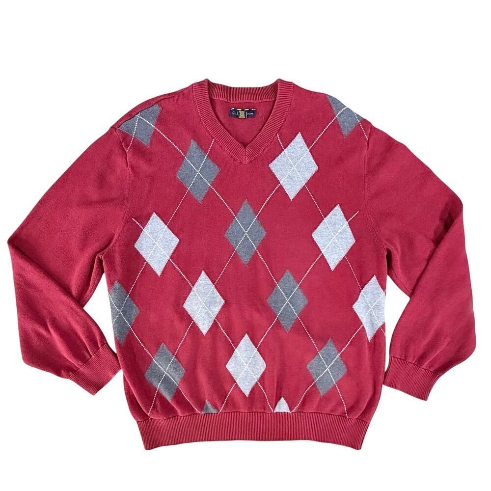 Charter Club Sweater XL Red Gray Argyle Preppy Academia Retro Knit Pullover
